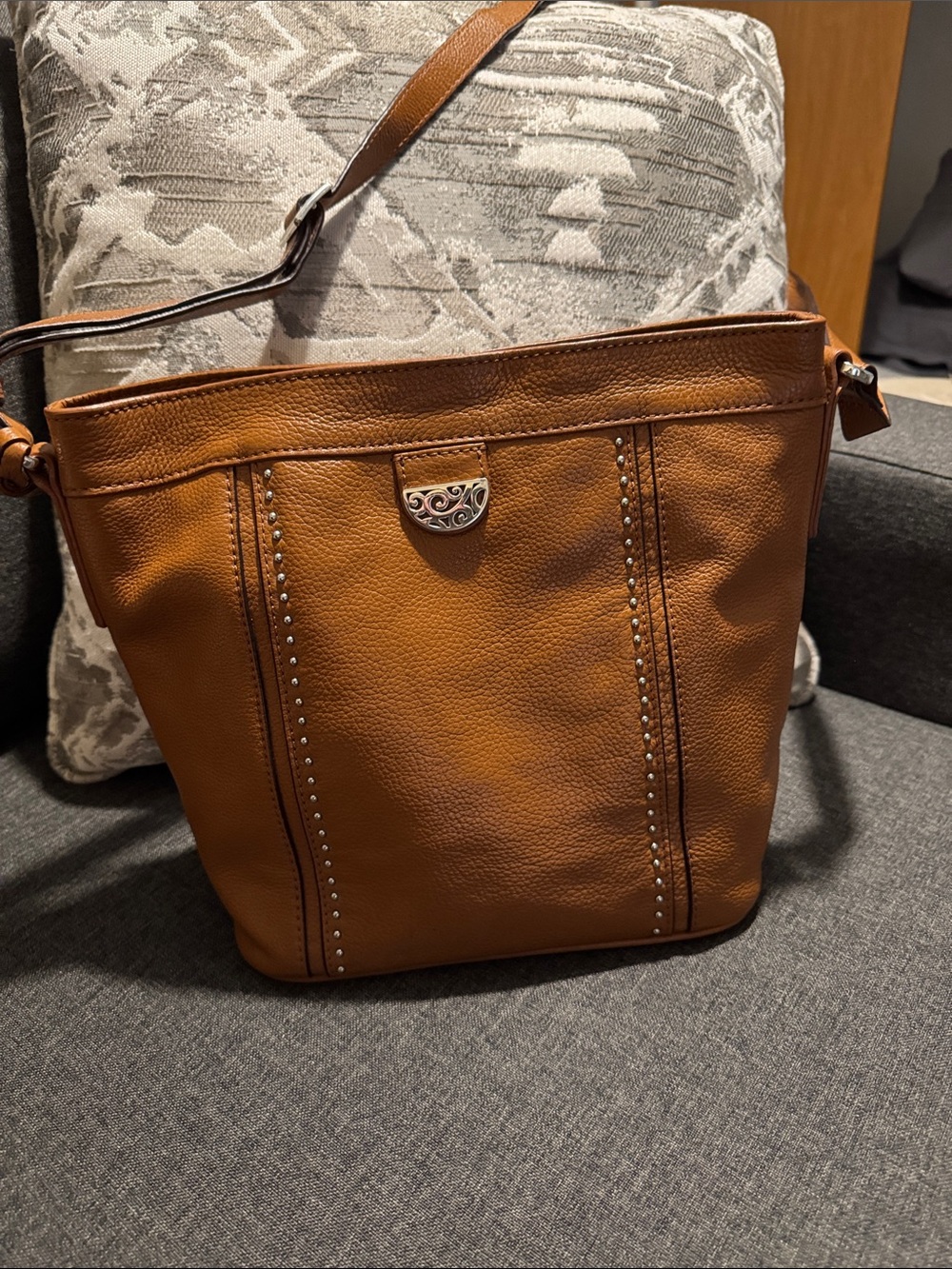 Brighton Tan Leather Stud-Trim Shoulder Bag